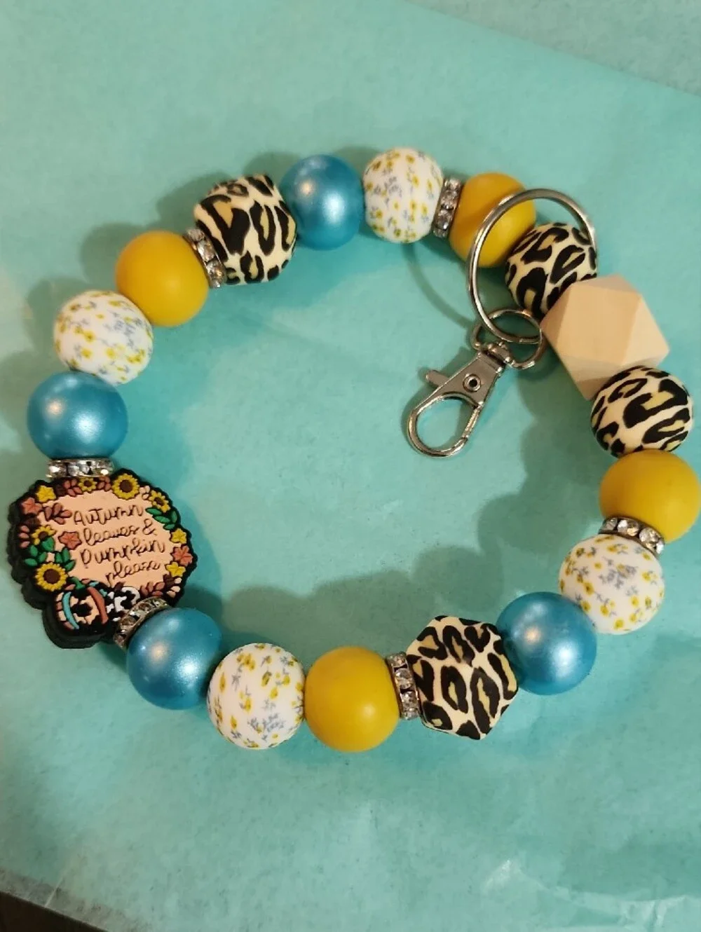 Beaded Key Chain in Yellow, Teal & Black Leopard with Satin Lined Box